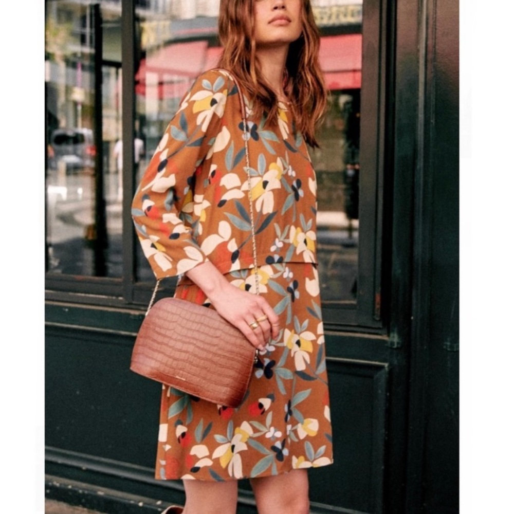 Sezane Rust Floral Shift Dress with Multicolor Blooms